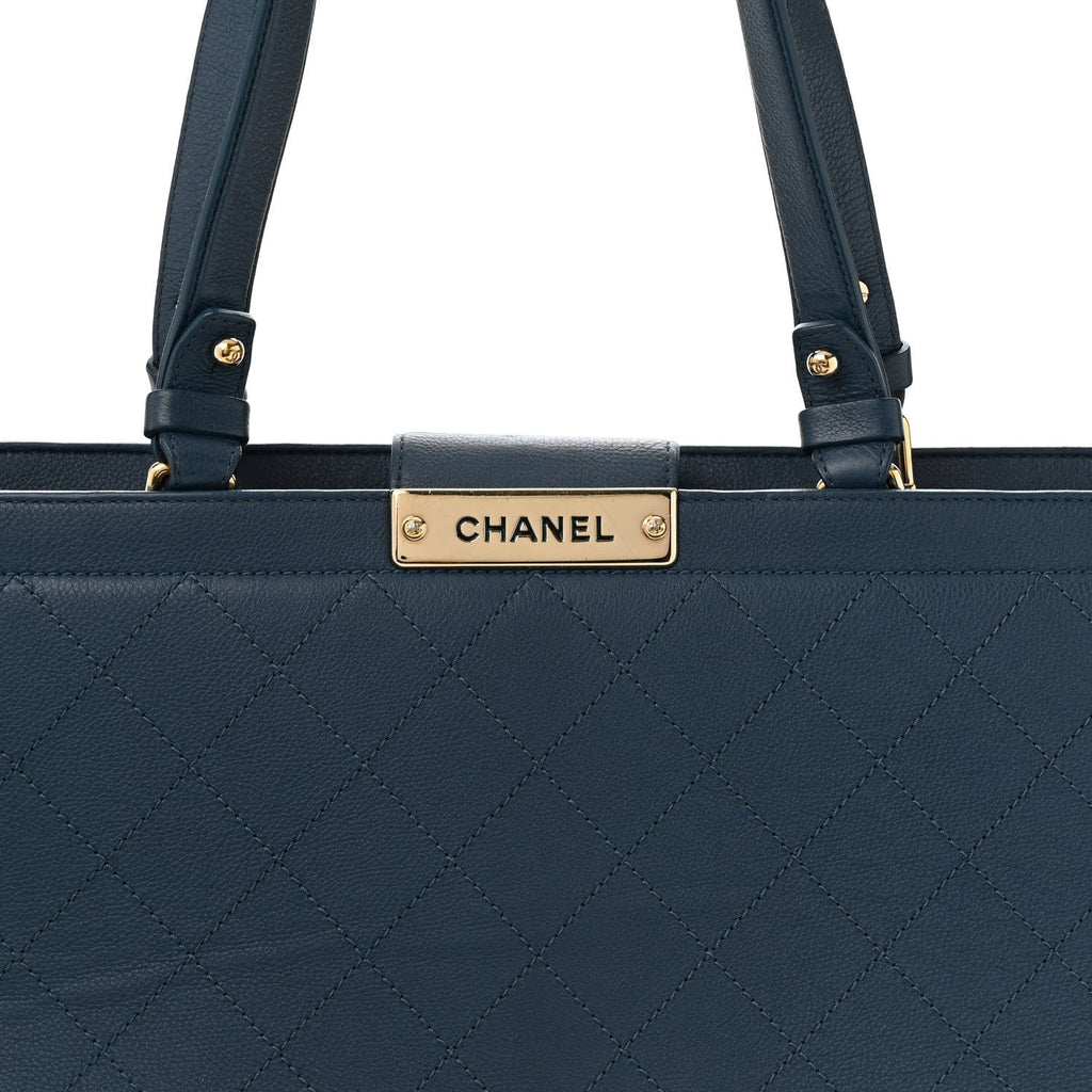 Grained Calfskin Stitched Large Label  Shopper Tote Blue