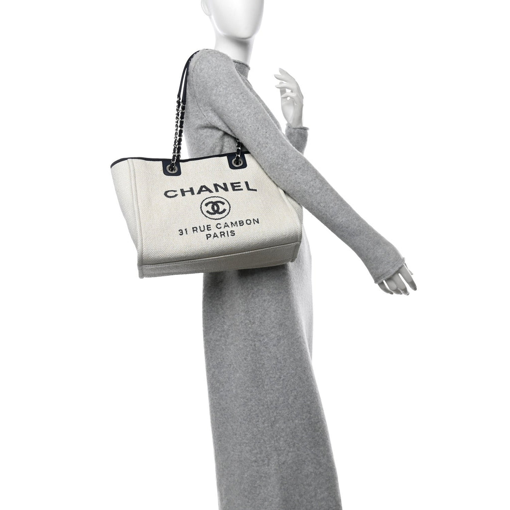 Woven Straw Raffia Small Deauville Tote White Navy