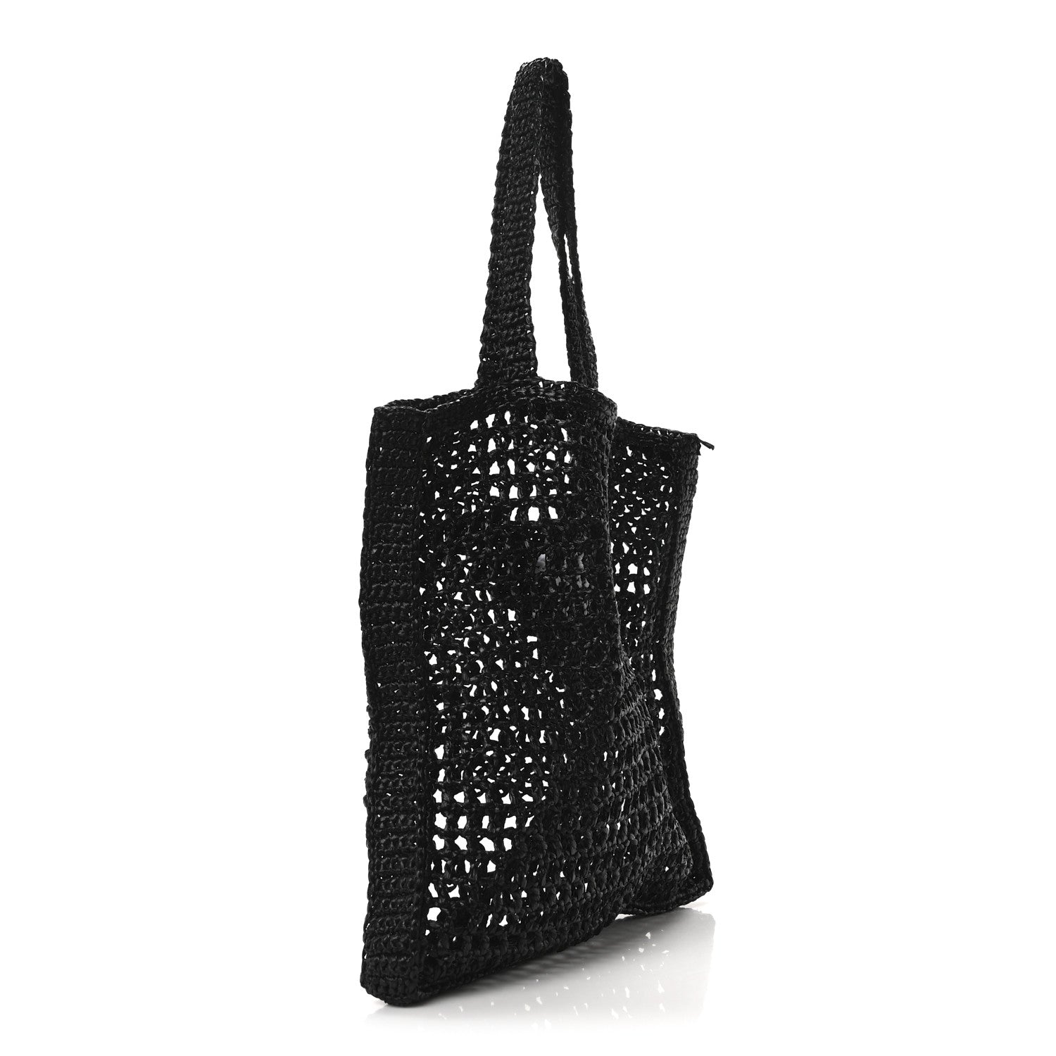 Yarn Raffia Effect Crochet Logo Embroidered Tote Bag Black