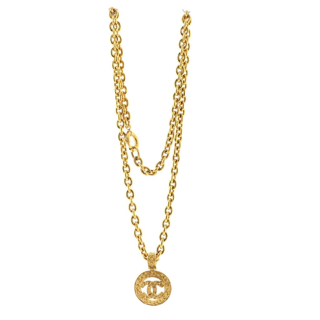 Vintage CC Round Pendant Long Necklace Metal