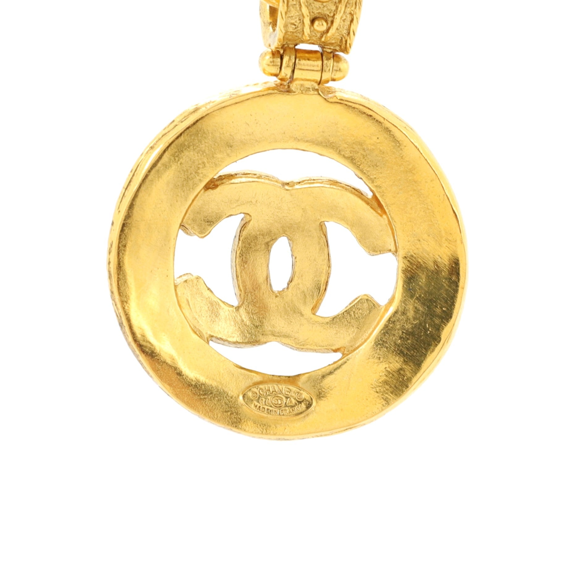 Vintage CC Round Pendant Long Necklace Metal
