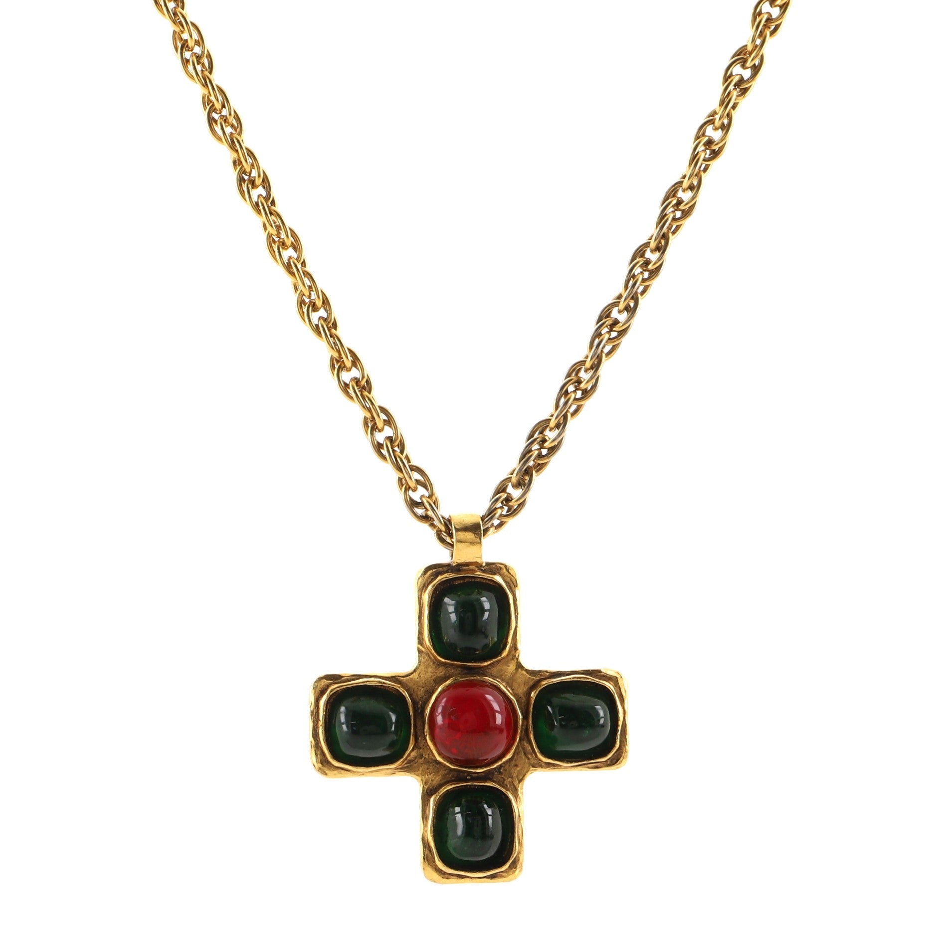 Vintage CC Cross Pendant Necklace Metal with Gripoix