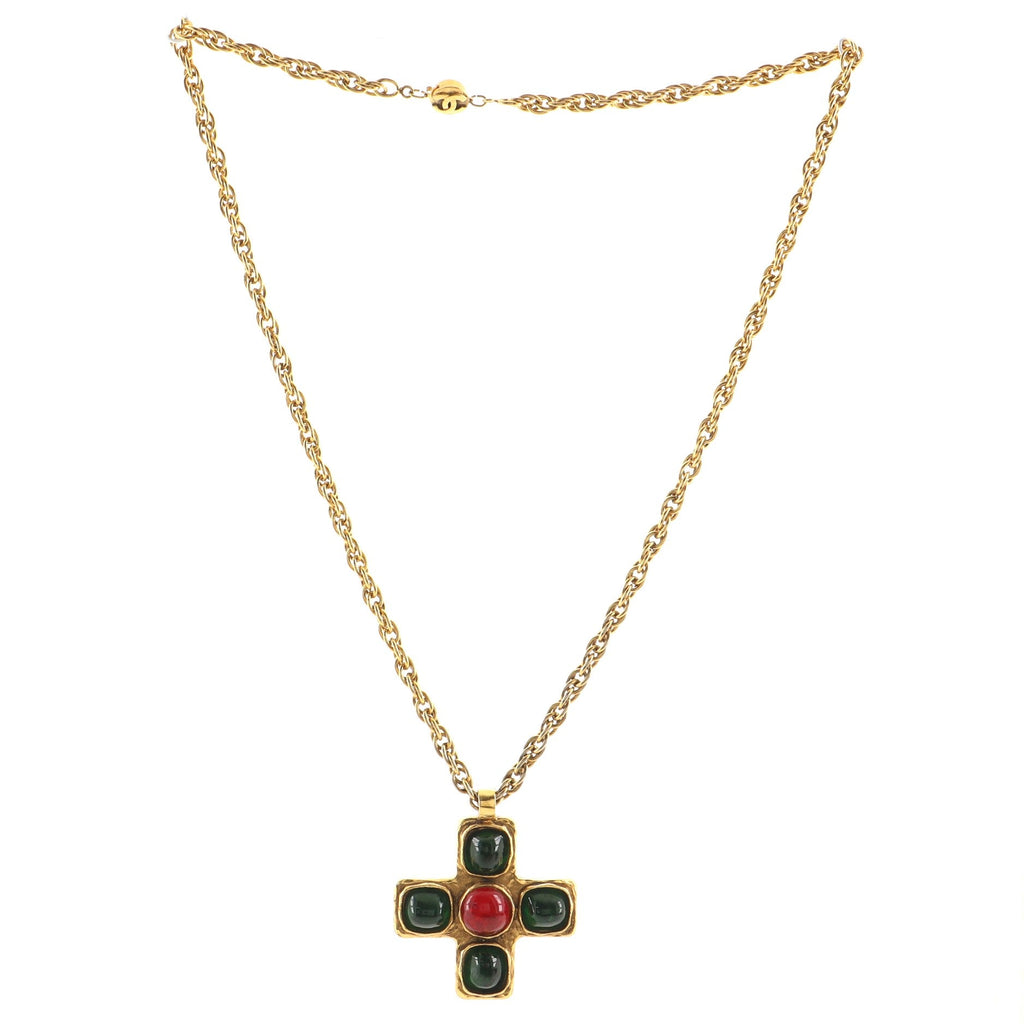Vintage CC Cross Pendant Necklace Metal with Gripoix