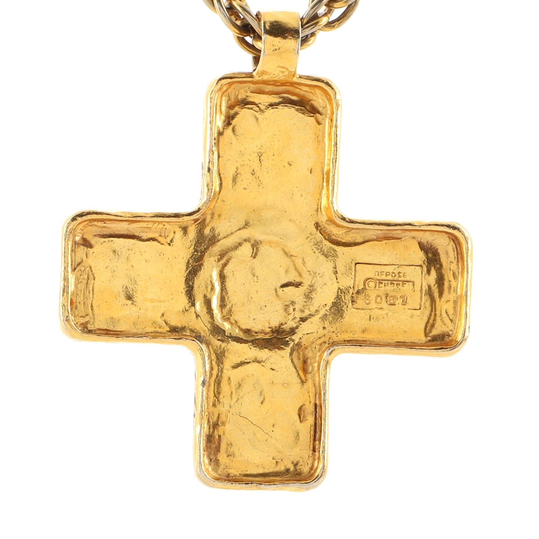 Vintage CC Cross Pendant Necklace Metal with Gripoix
