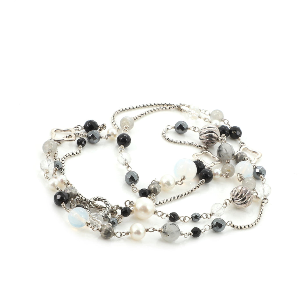 Elements Station Necklace Sterling Silver with Multistone and Cultured Pearls