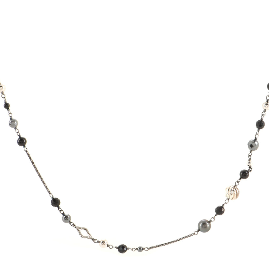 Bijoux Station Chain Necklace Sterling Silver with Onyx, Hematite and Diamonds