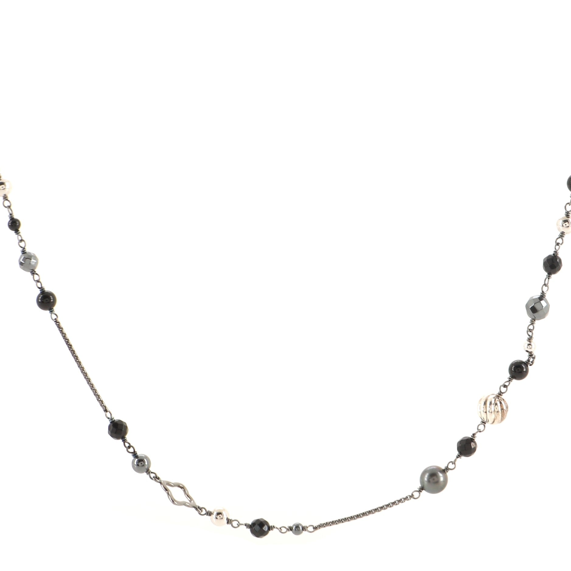 Bijoux Station Chain Necklace Sterling Silver with Onyx, Hematite and Diamonds