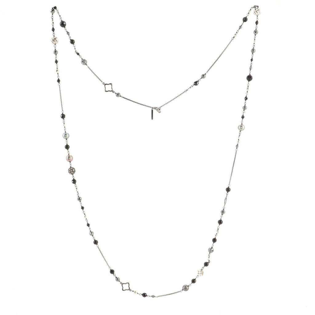 Bijoux Station Chain Necklace Sterling Silver with Onyx, Hematite and Diamonds