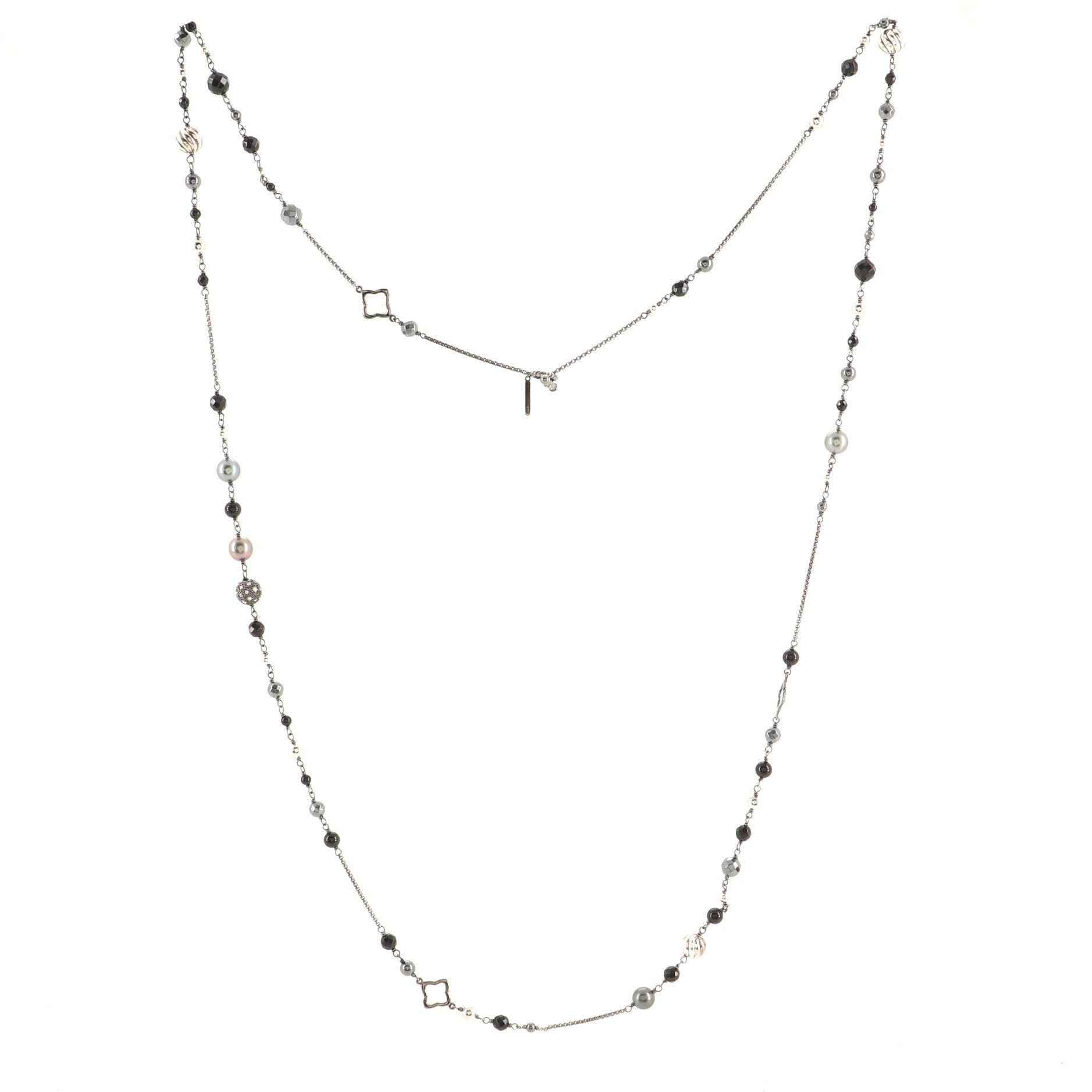 Bijoux Station Chain Necklace Sterling Silver with Onyx, Hematite and Diamonds