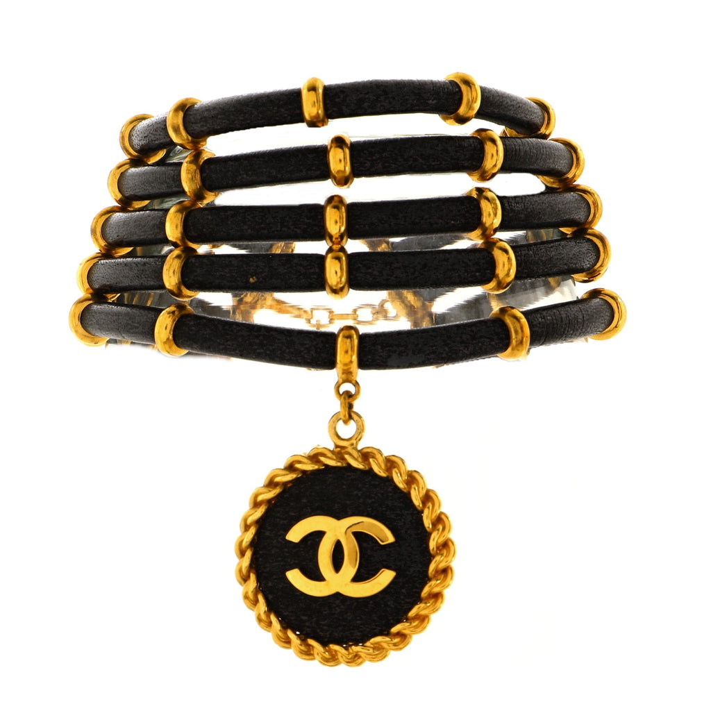 CC Pendant Multistrand Choker Necklace Leather with Metal