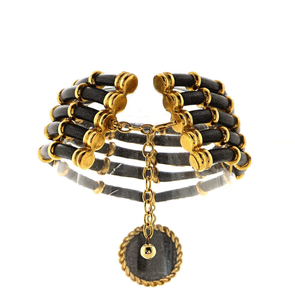 CC Pendant Multistrand Choker Necklace Leather with Metal