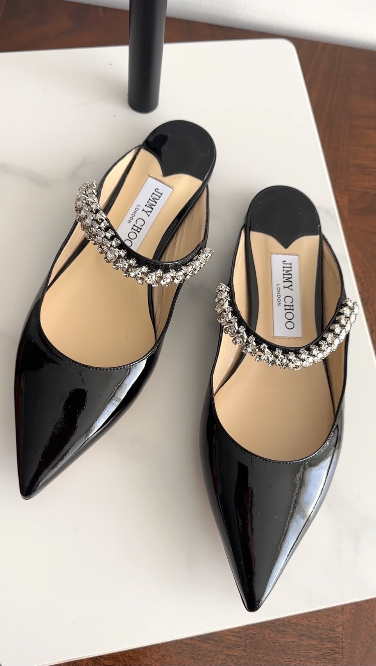 Jimmy Choo Black Patent Flat Crystal Embellished Mule - 36.5