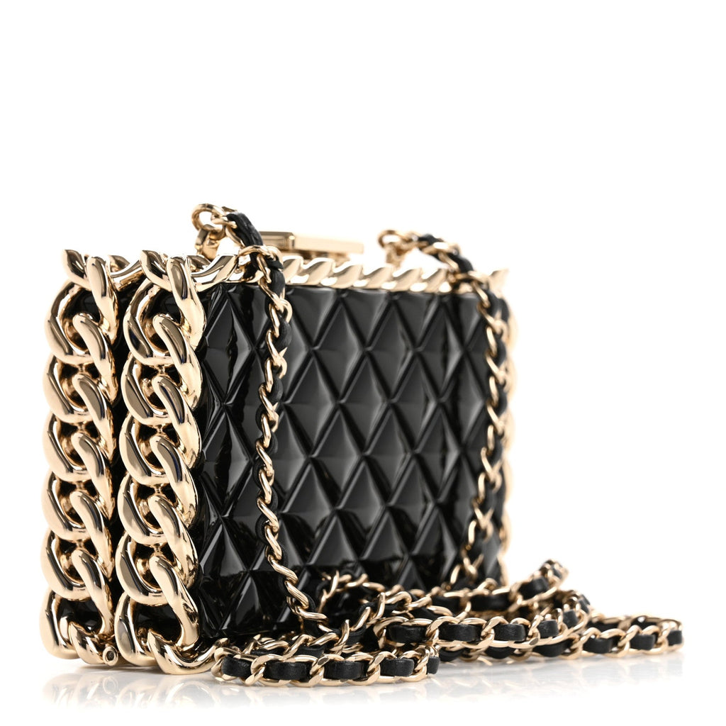 Plexiglass Quilted Chain Around Minaudiere Clutch Black