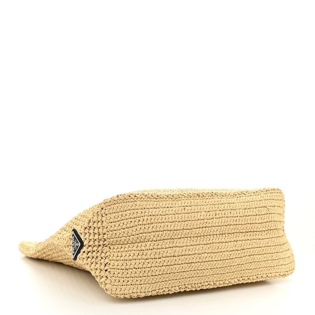 Yarn Raffia Effect Crochet Embroidered Logo Tote Naturale