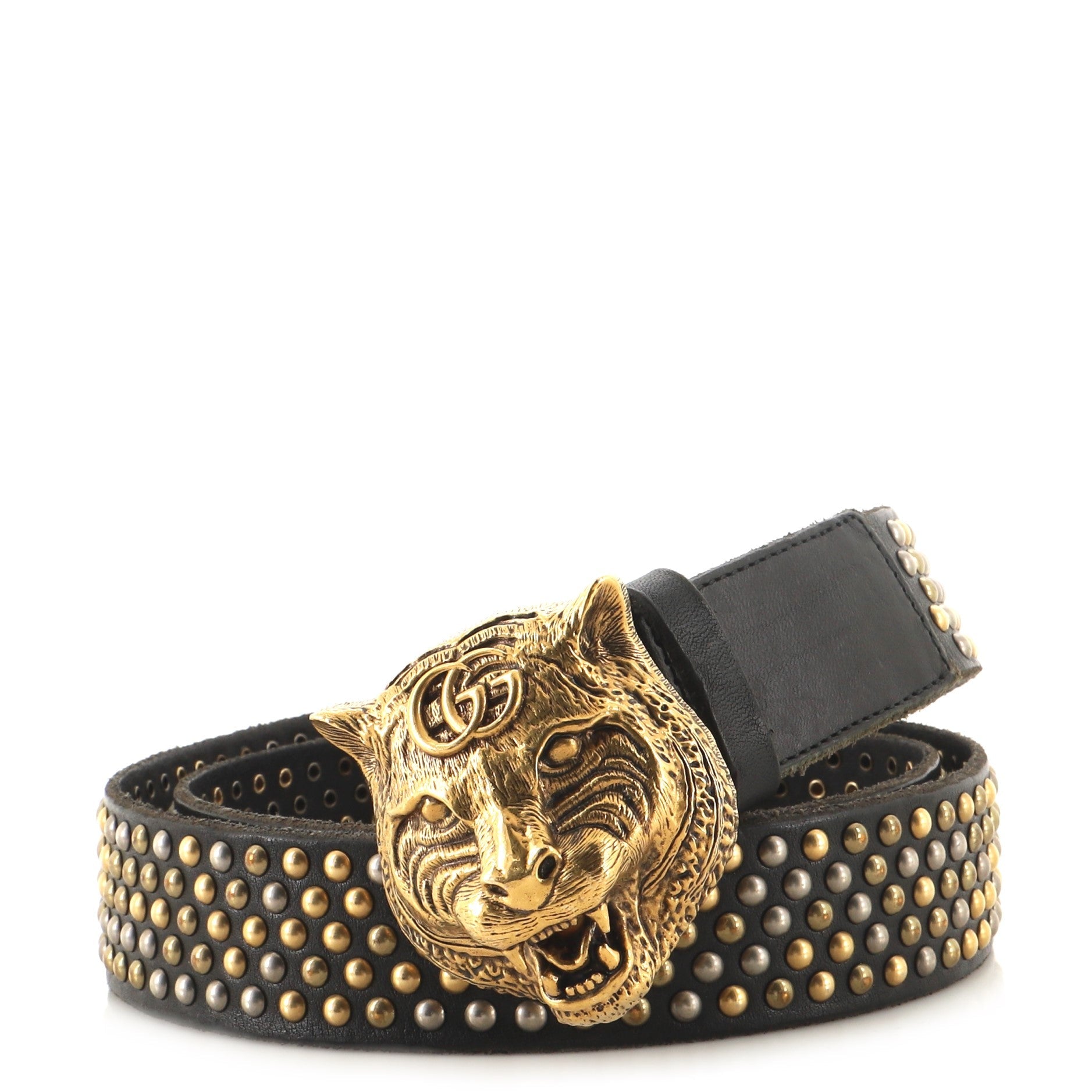 Feline Head Belt Studded Leather Wide 105