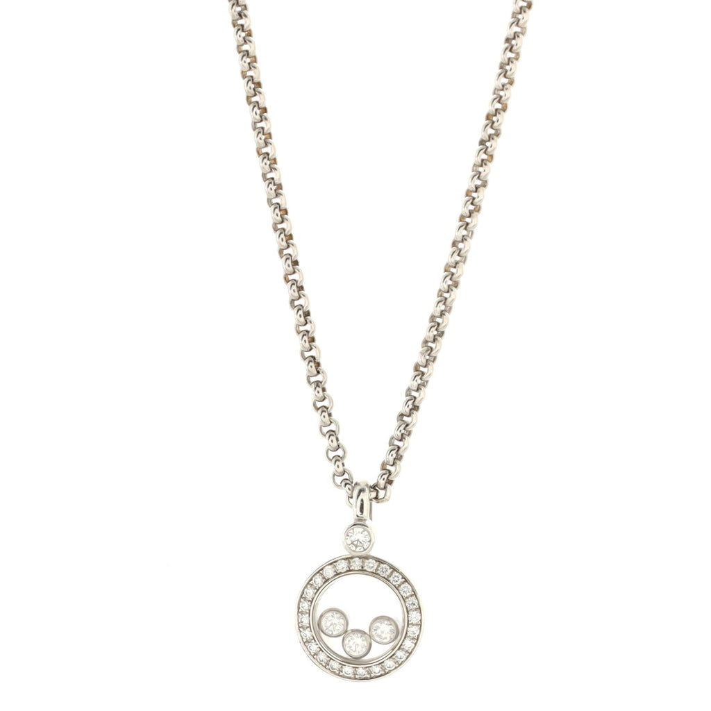 Happy 3 Diamonds Circle Pendant Necklace 18K White Gold and Floating Diamonds