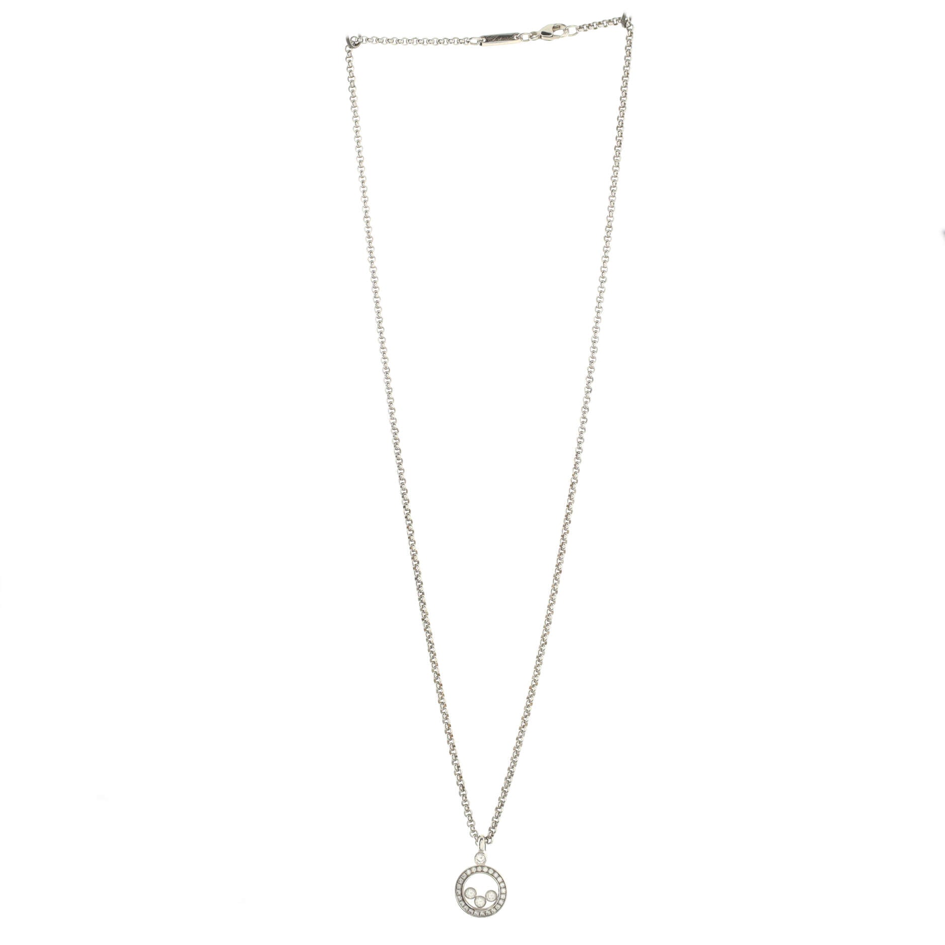 Happy 3 Diamonds Circle Pendant Necklace 18K White Gold and Floating Diamonds
