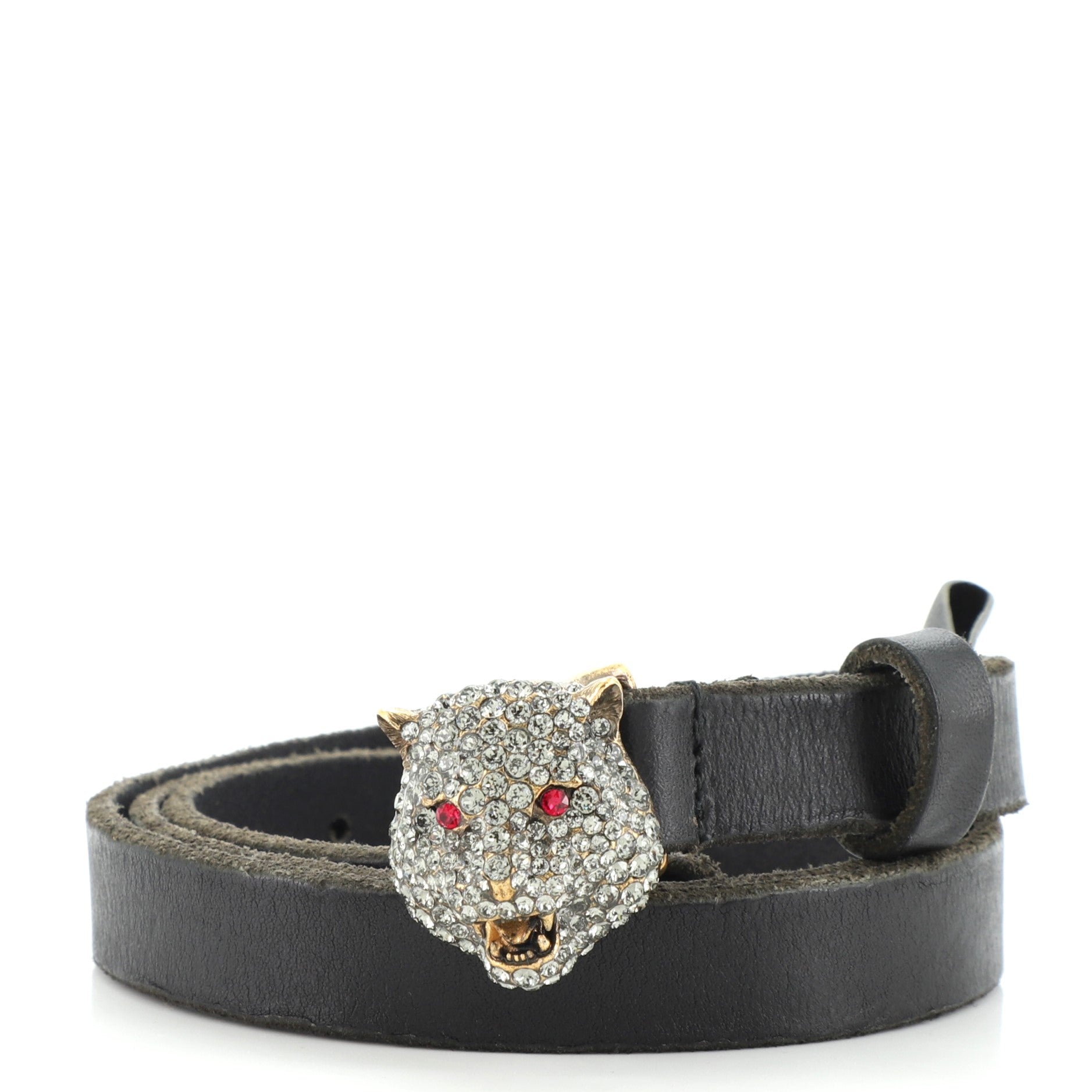 Feline Head Buckle Belt Leather with Crystal Embellished Metal Thin 80