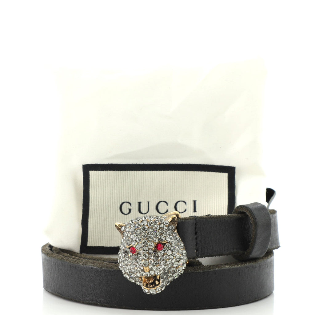 Feline Head Buckle Belt Leather with Crystal Embellished Metal Thin 80