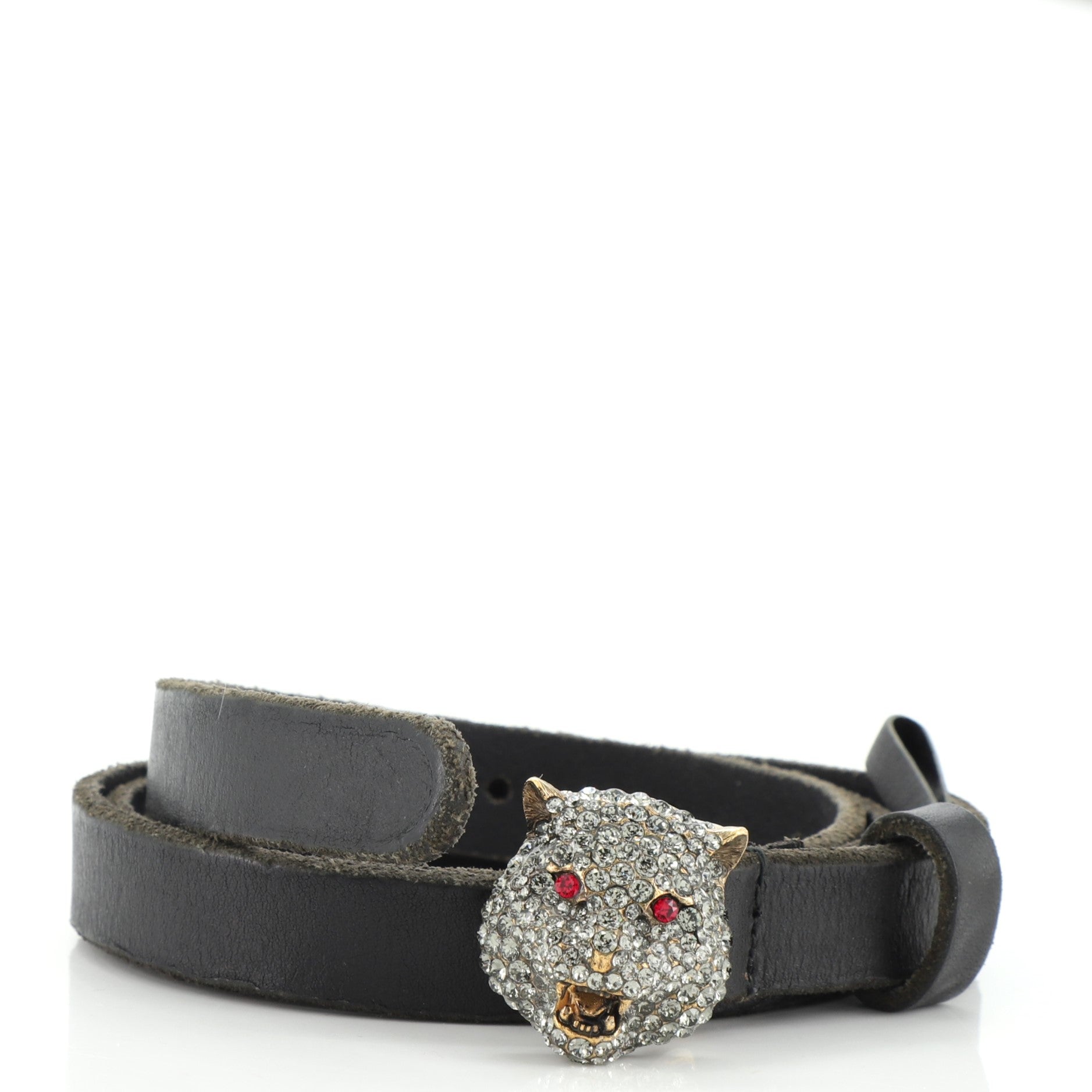 Feline Head Buckle Belt Leather with Crystal Embellished Metal Thin 80