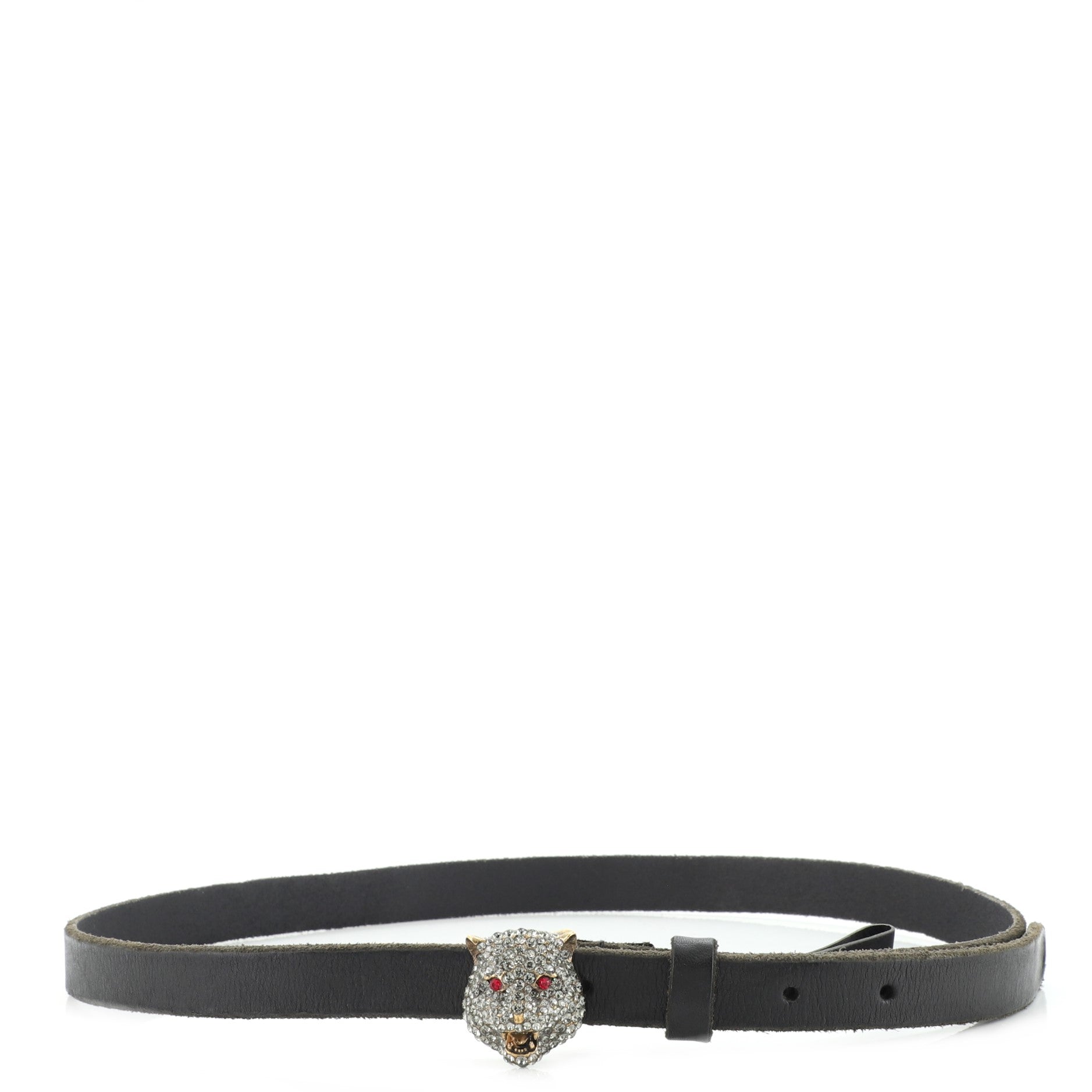 Feline Head Buckle Belt Leather with Crystal Embellished Metal Thin 80