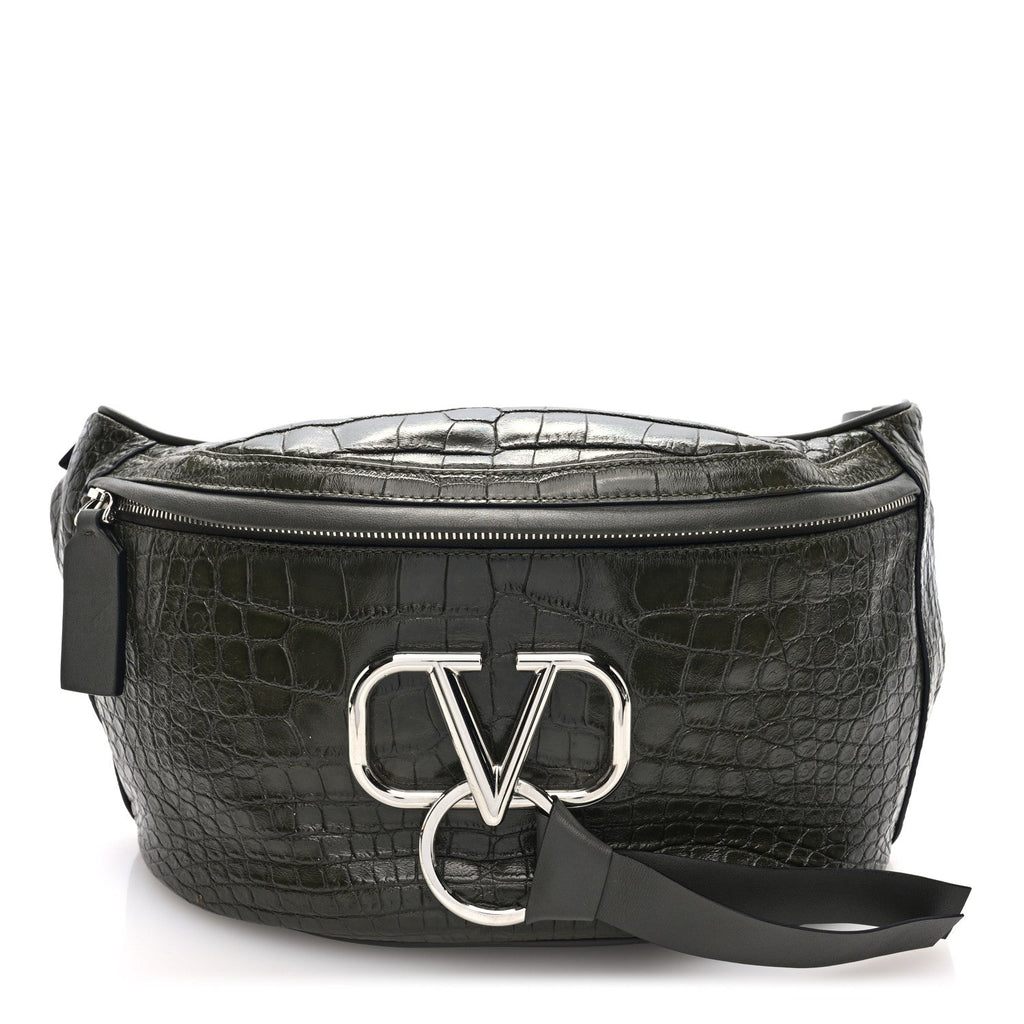 Shiny Calfskin Alligator Embossed VRing Belt Bag Khaki