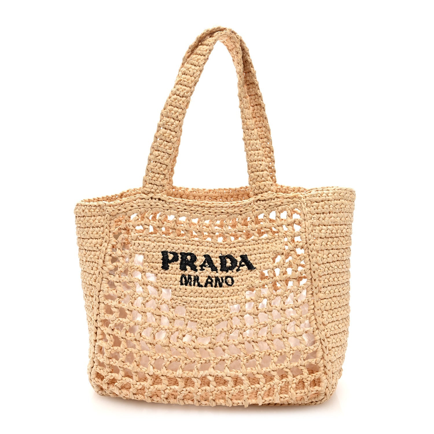 Yarn Raffia Effect Crochet Logo Embroidered Small Tote Bag Naturale