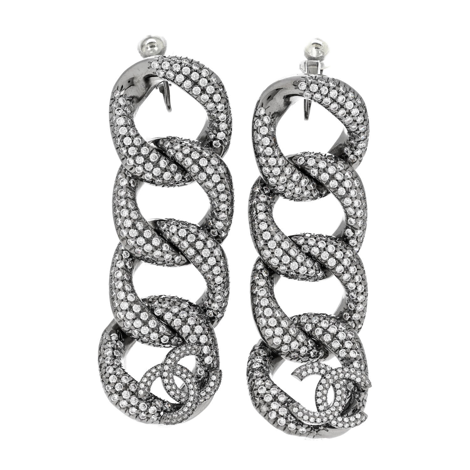 Crystal Chain Link CC Drop Clip On Earrings Black