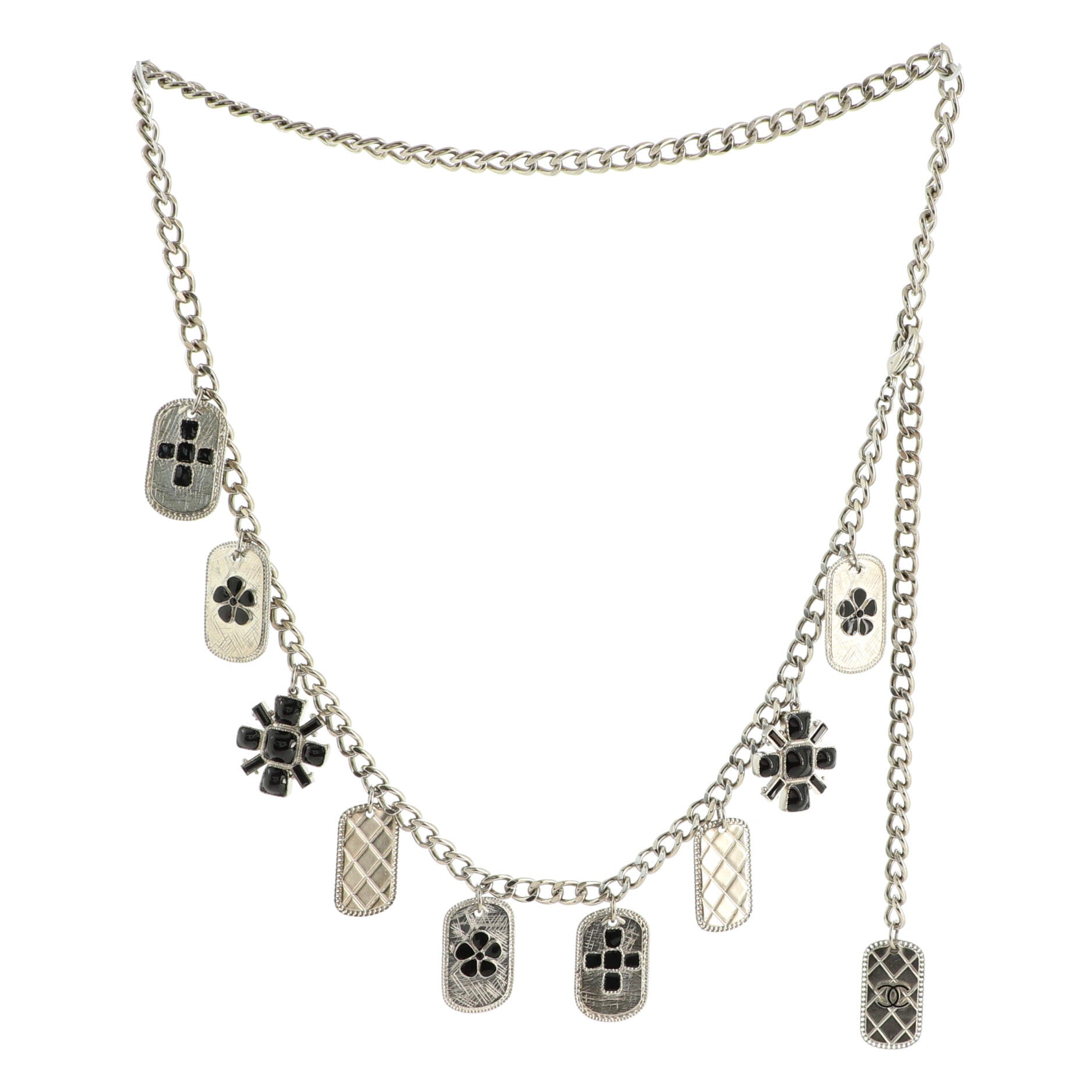 Dog Tag and Cluster Charm Chain Belt Metal and Enamel 90