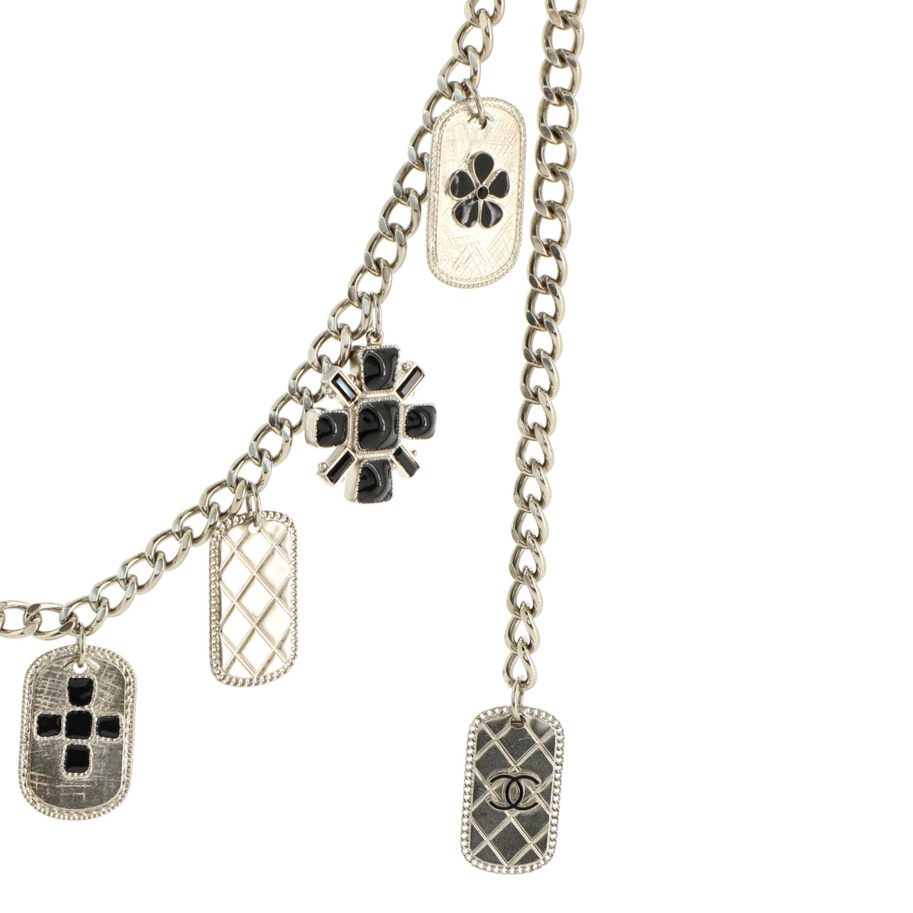Dog Tag and Cluster Charm Chain Belt Metal and Enamel 90