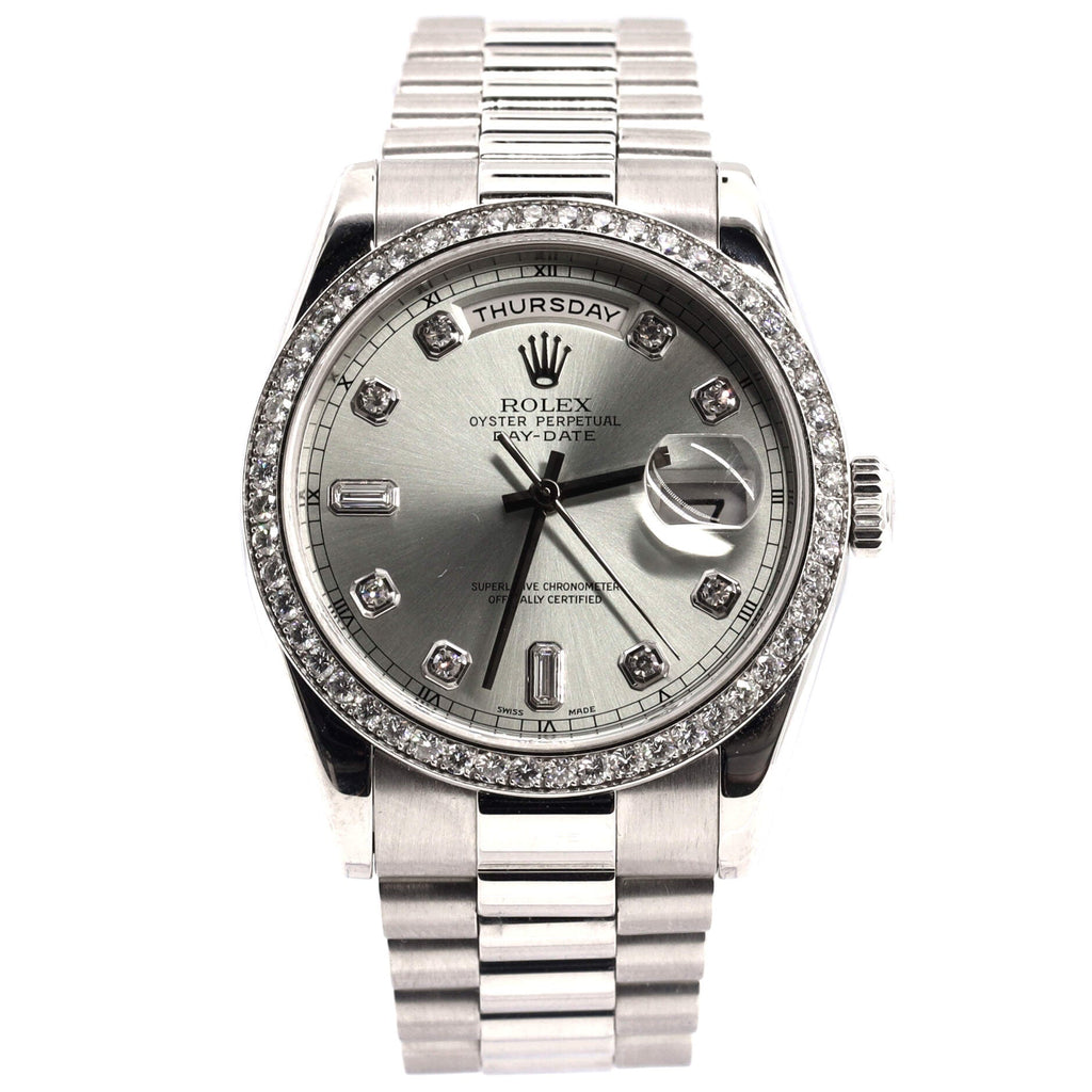 Oyster Perpetual President Day-Date Ice Blue Automatic Watch Platinum with Diamond Bezel and Round and Baguette Diamond Markers 36