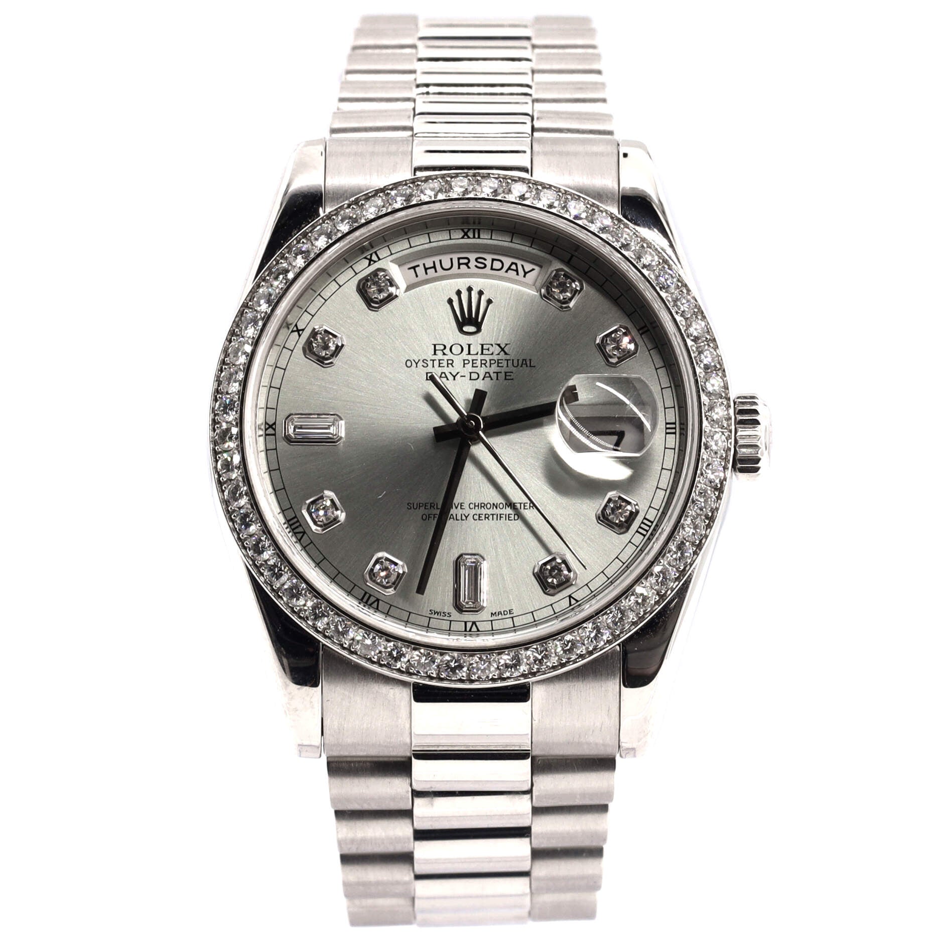 Oyster Perpetual President Day-Date Ice Blue Automatic Watch Platinum with Diamond Bezel and Round and Baguette Diamond Markers 36