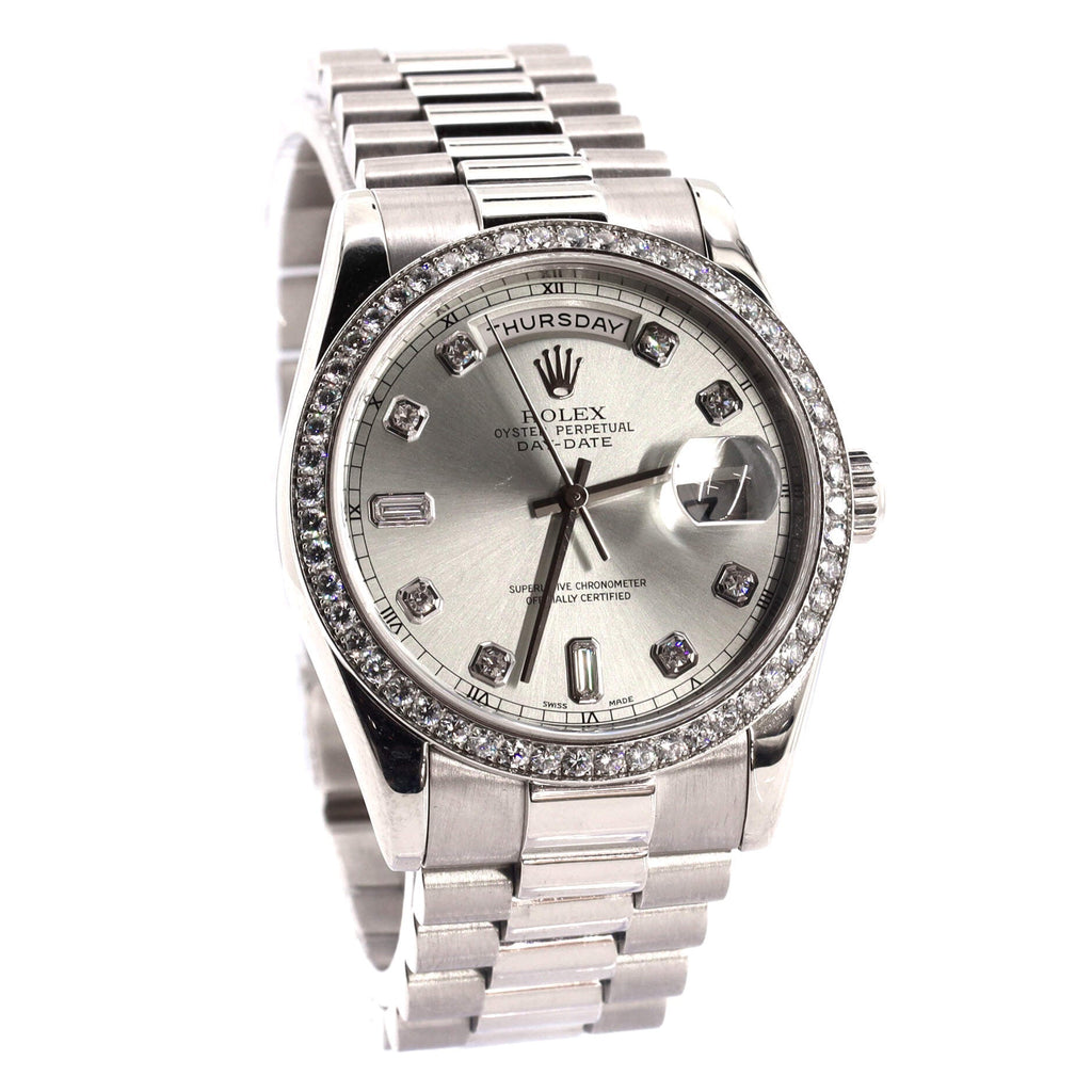 Oyster Perpetual President Day-Date Ice Blue Automatic Watch Platinum with Diamond Bezel and Round and Baguette Diamond Markers 36