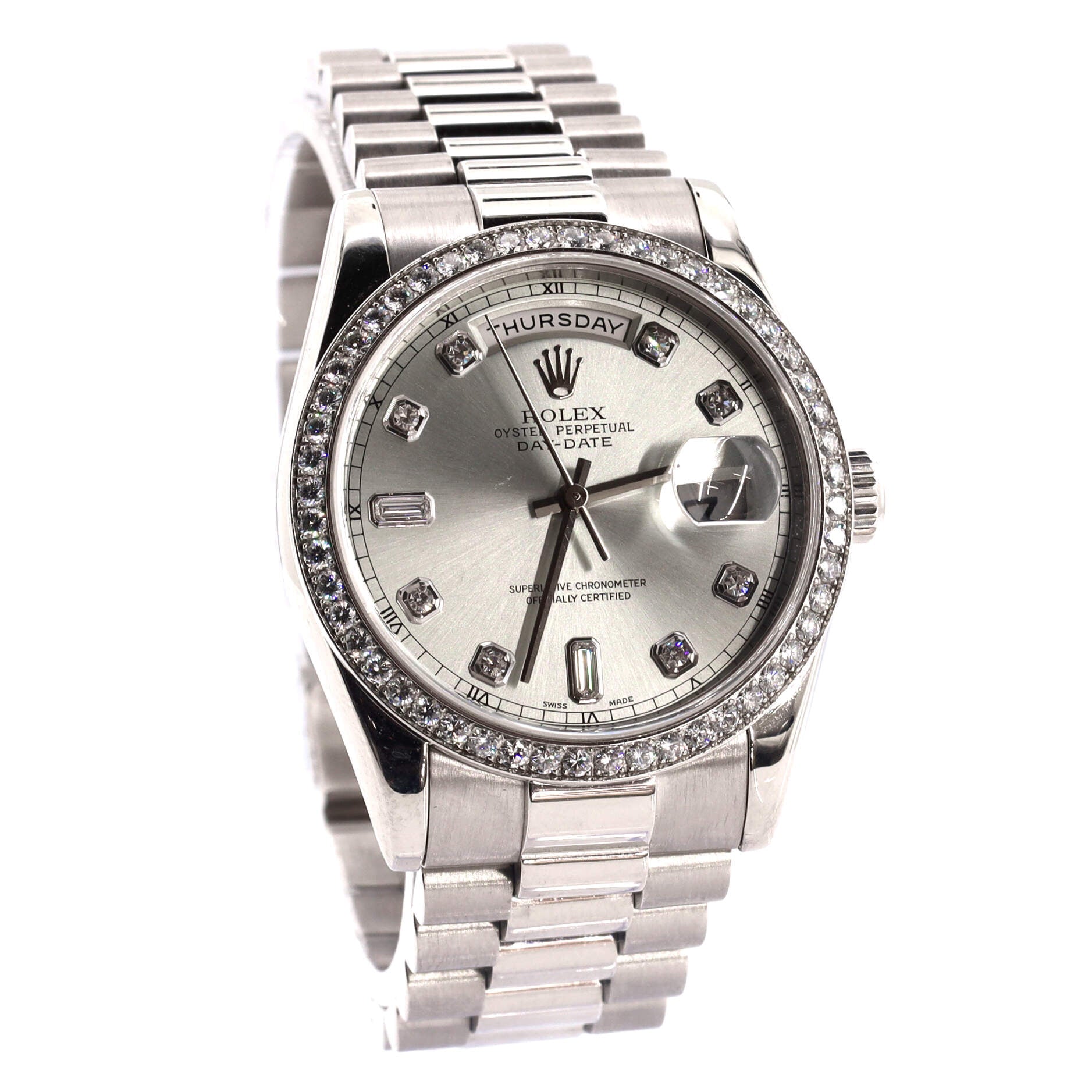 Oyster Perpetual President Day-Date Ice Blue Automatic Watch Platinum with Diamond Bezel and Round and Baguette Diamond Markers 36