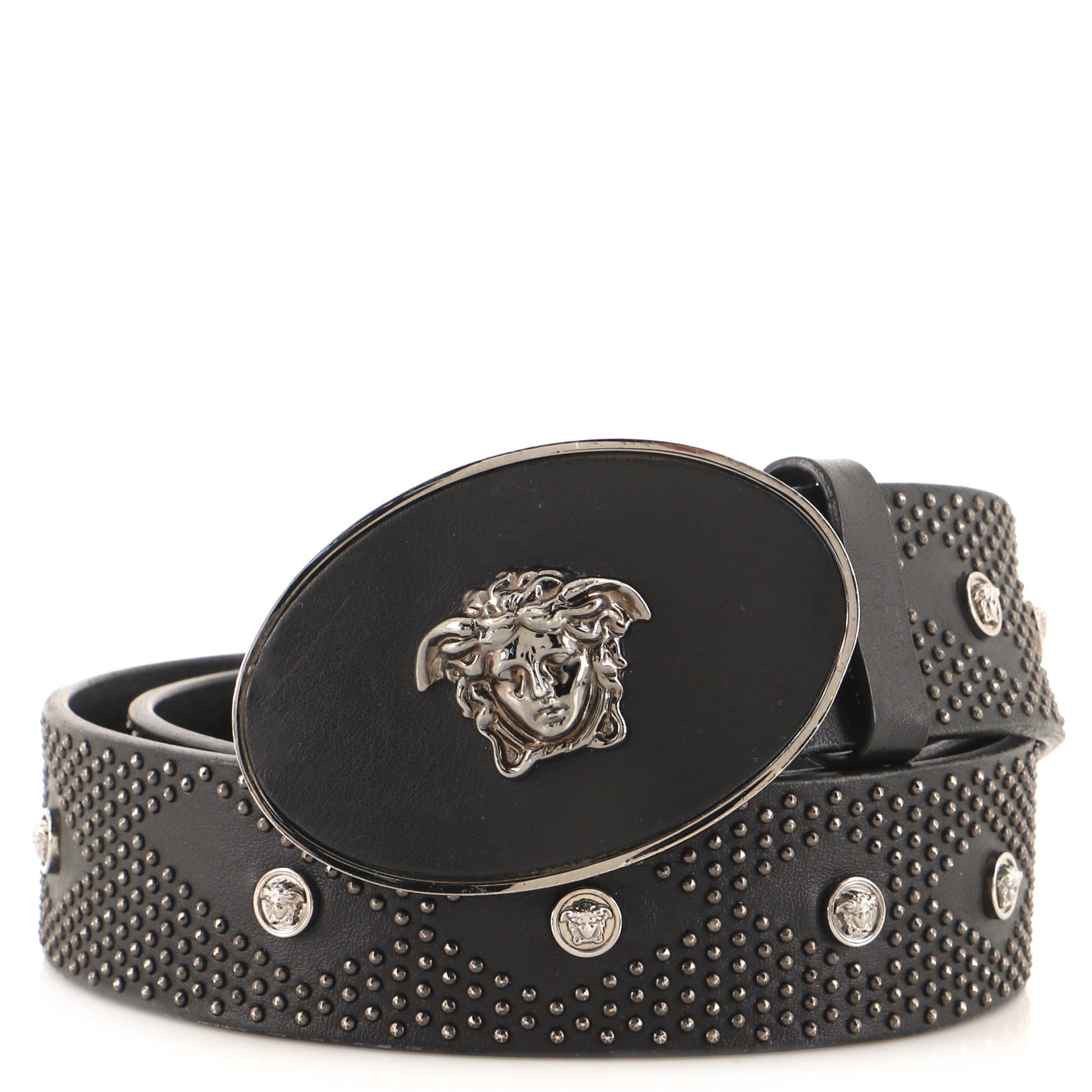 Medusa Oval Buckle Belt Studded Leather Wide 100