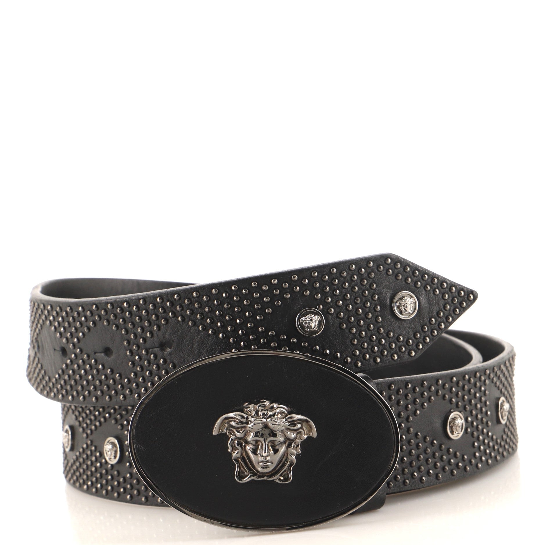 Medusa Oval Buckle Belt Studded Leather Wide 100