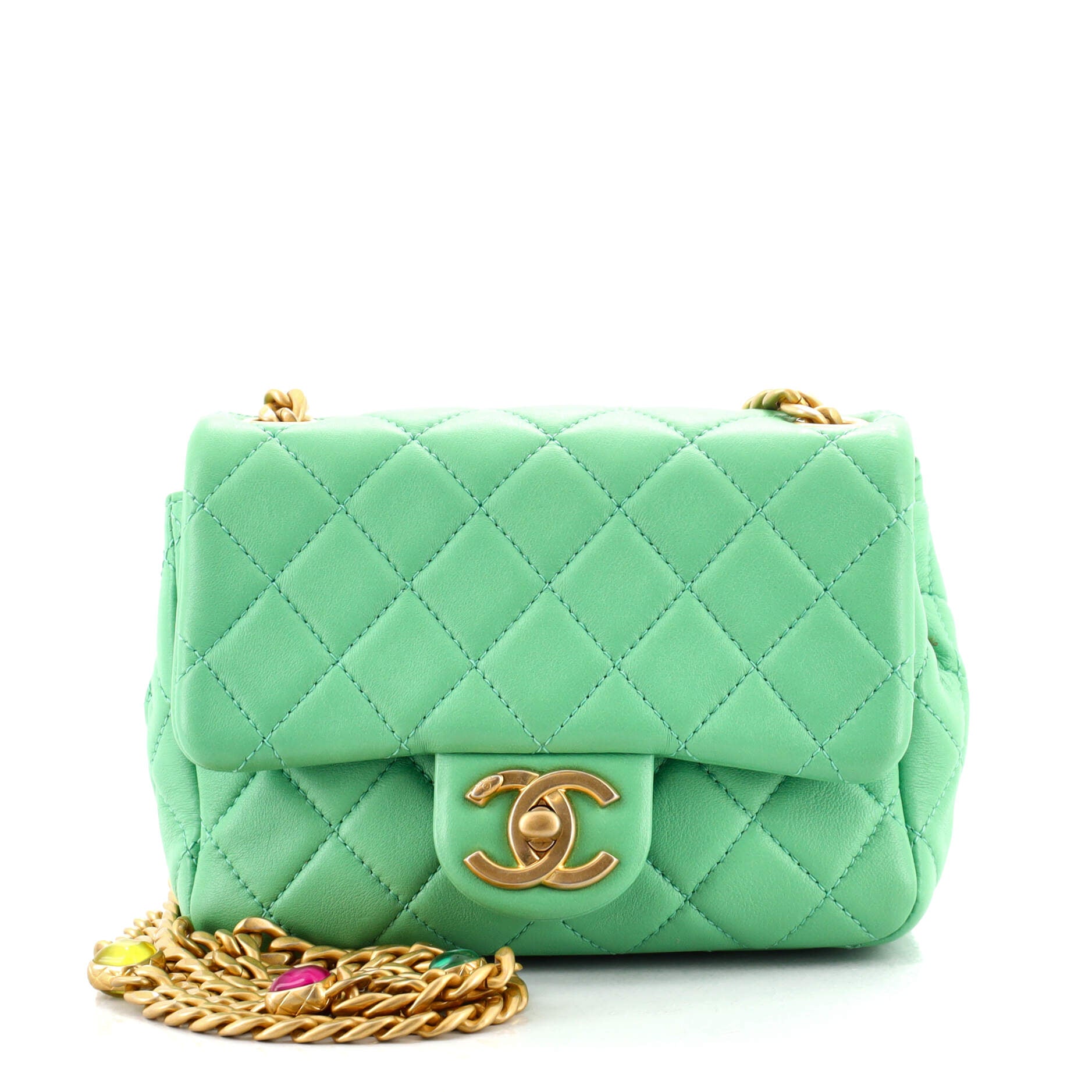 Pearl Samba Resin Chain Square Flap Bag Quilted Lambskin Mini