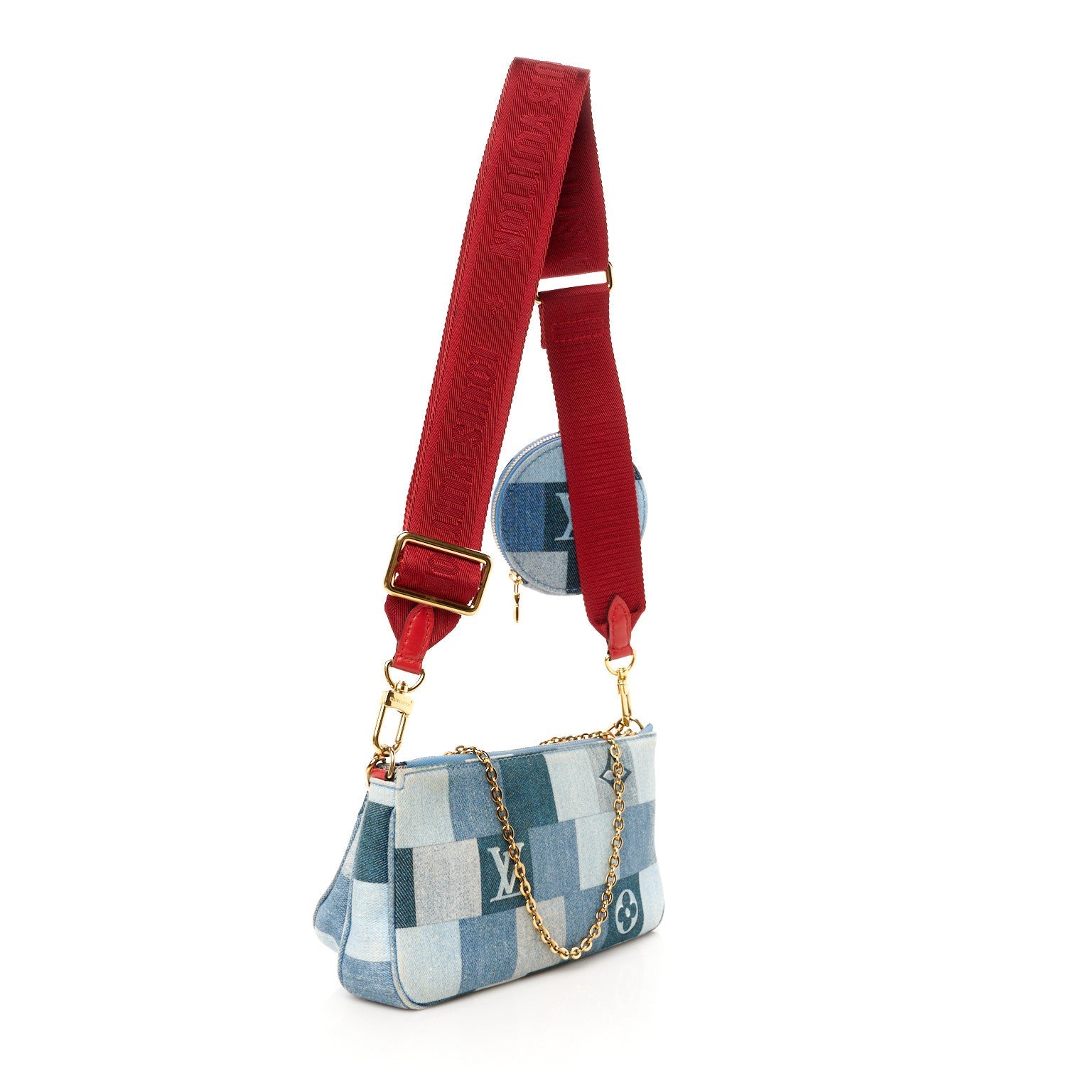 Denim Damier Monogram Patchwork Multi Pochette Accessories Blue Rouge