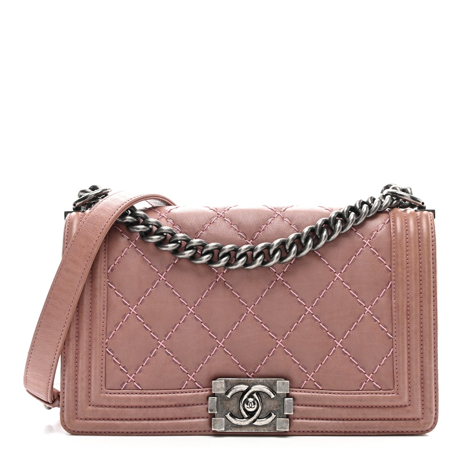 Calfskin Quilted Double Stitch Medium Boy Flap Pink