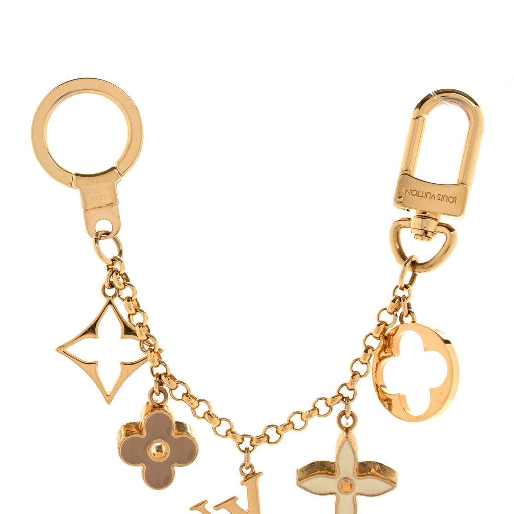 Brass Enamel Fleur De Monogram Bag Charm Chain Gold