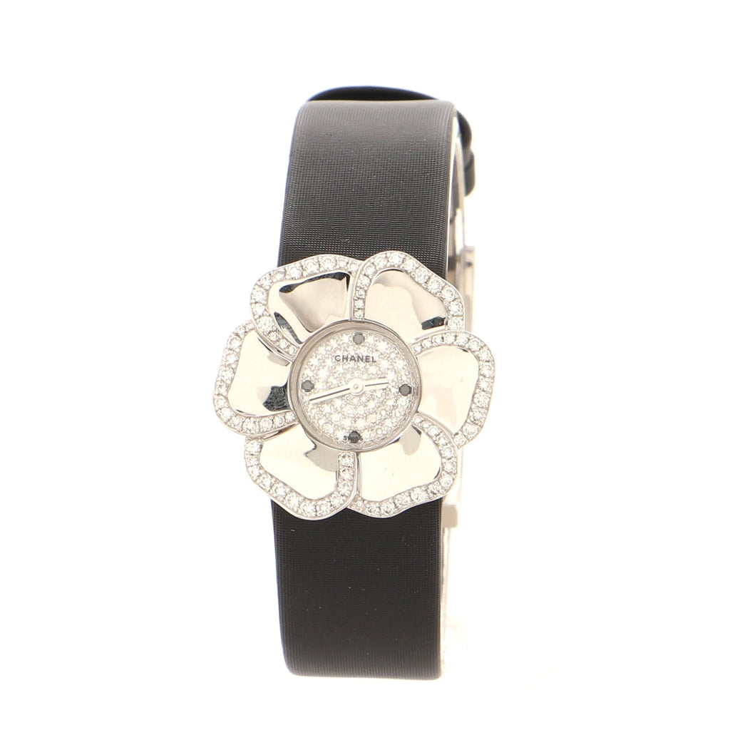 Camellia Quartz Watch White Gold with Satin and Diamond Bezel and Dial 25