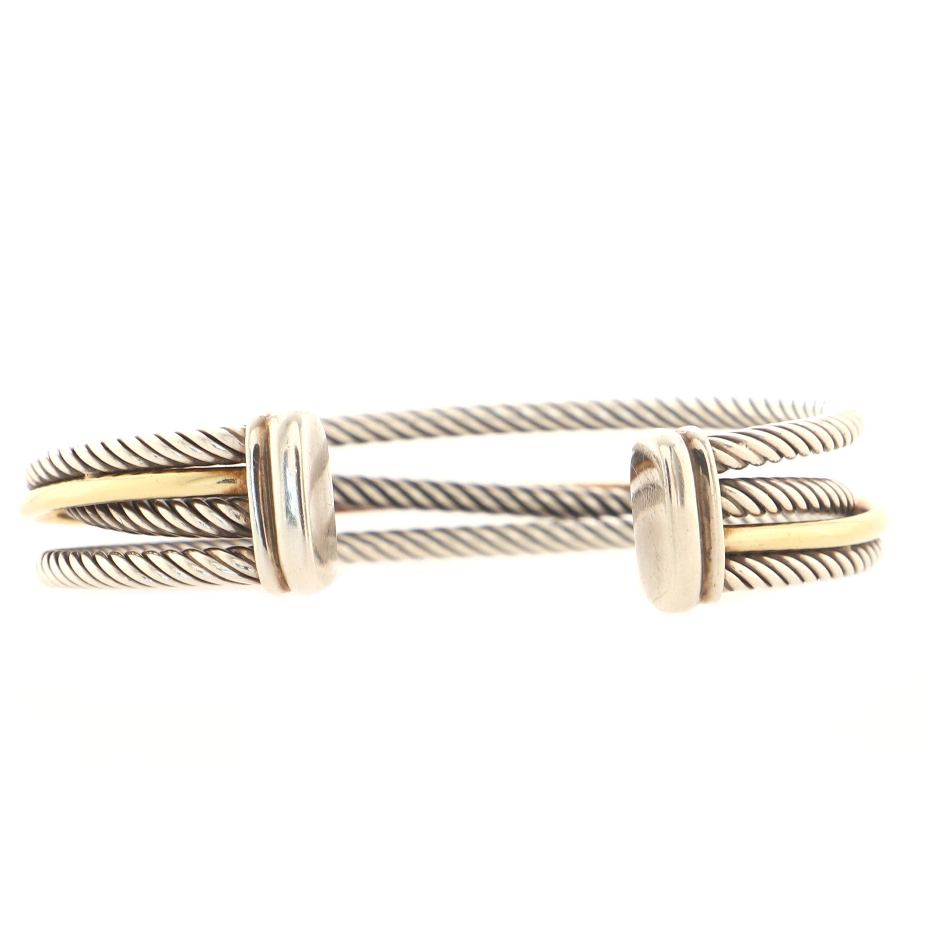 Three Row Crossover Cuff Bracelet Sterling Silver with 18K Yellow Gold