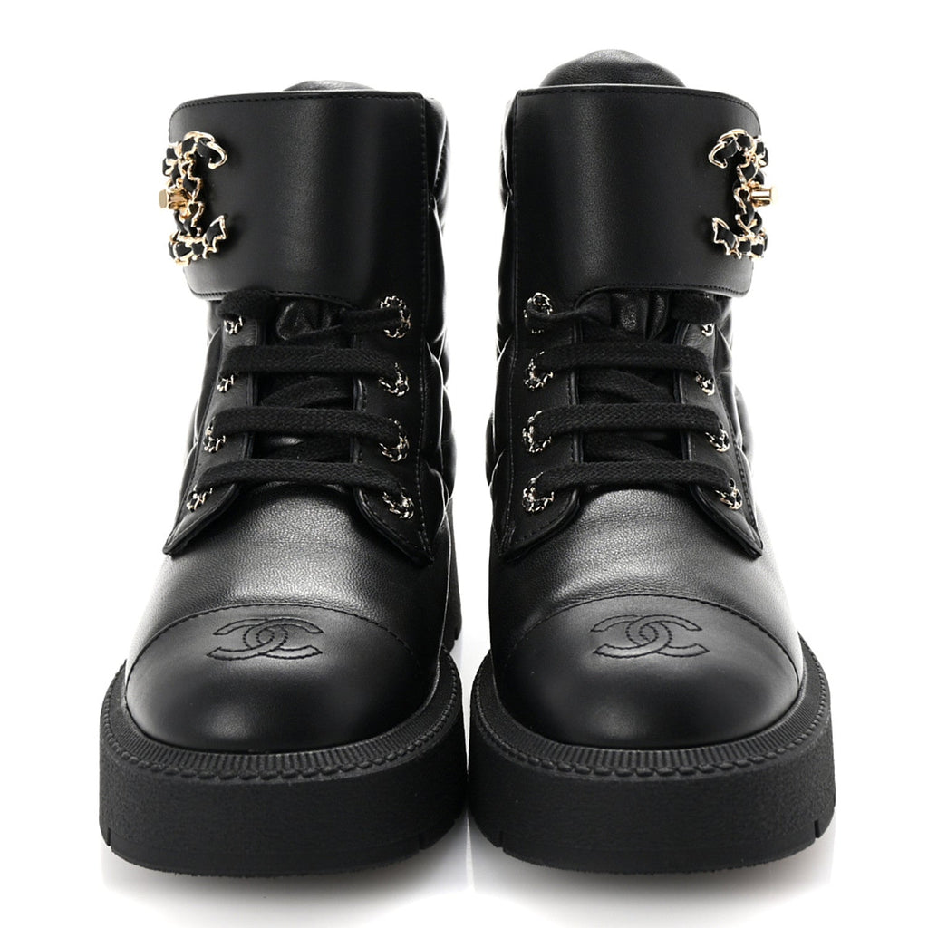 Lambskin Calfskin Quilted Lace Up Combat Boots 37 Black