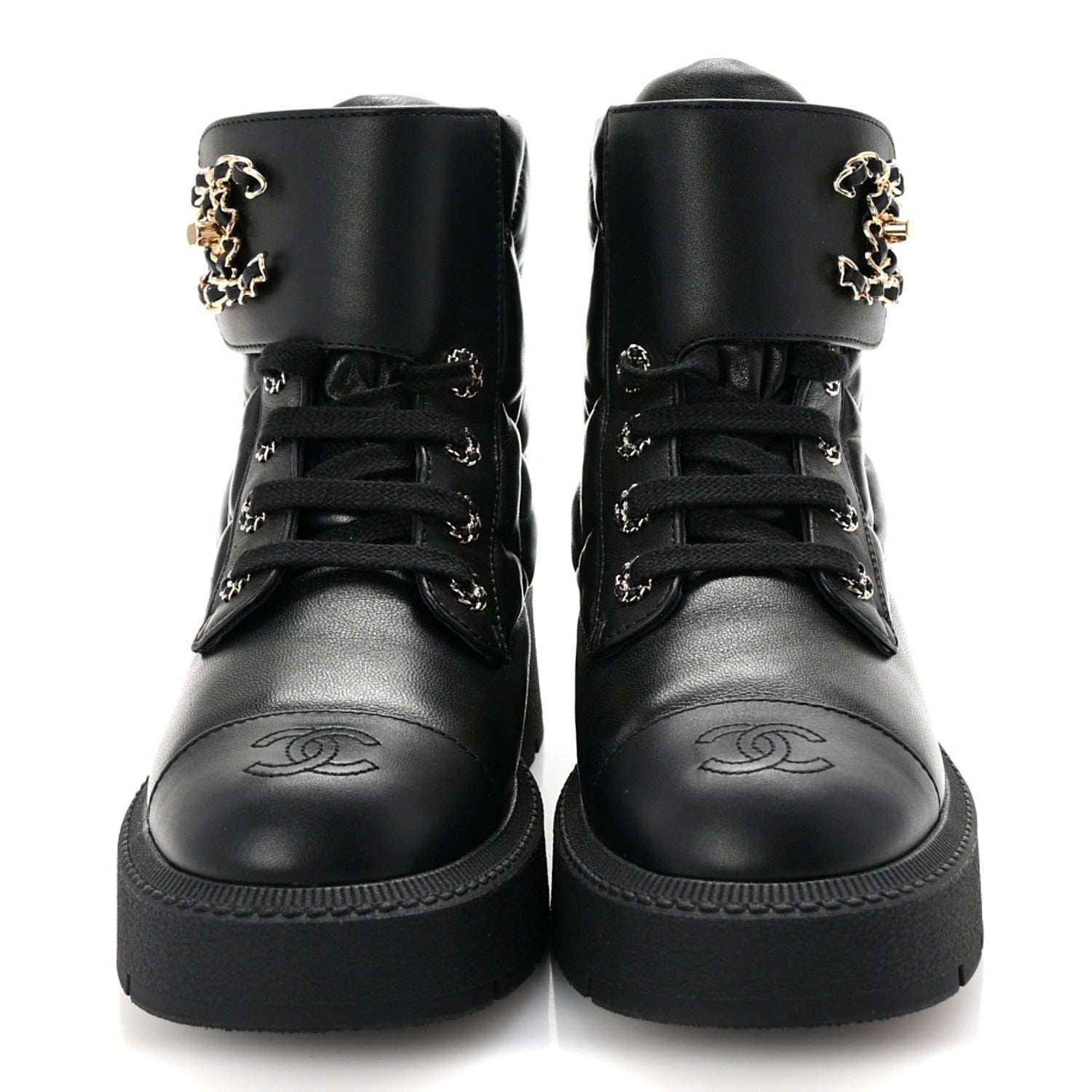 Lambskin Calfskin Quilted Lace Up Combat Boots 37 Black
