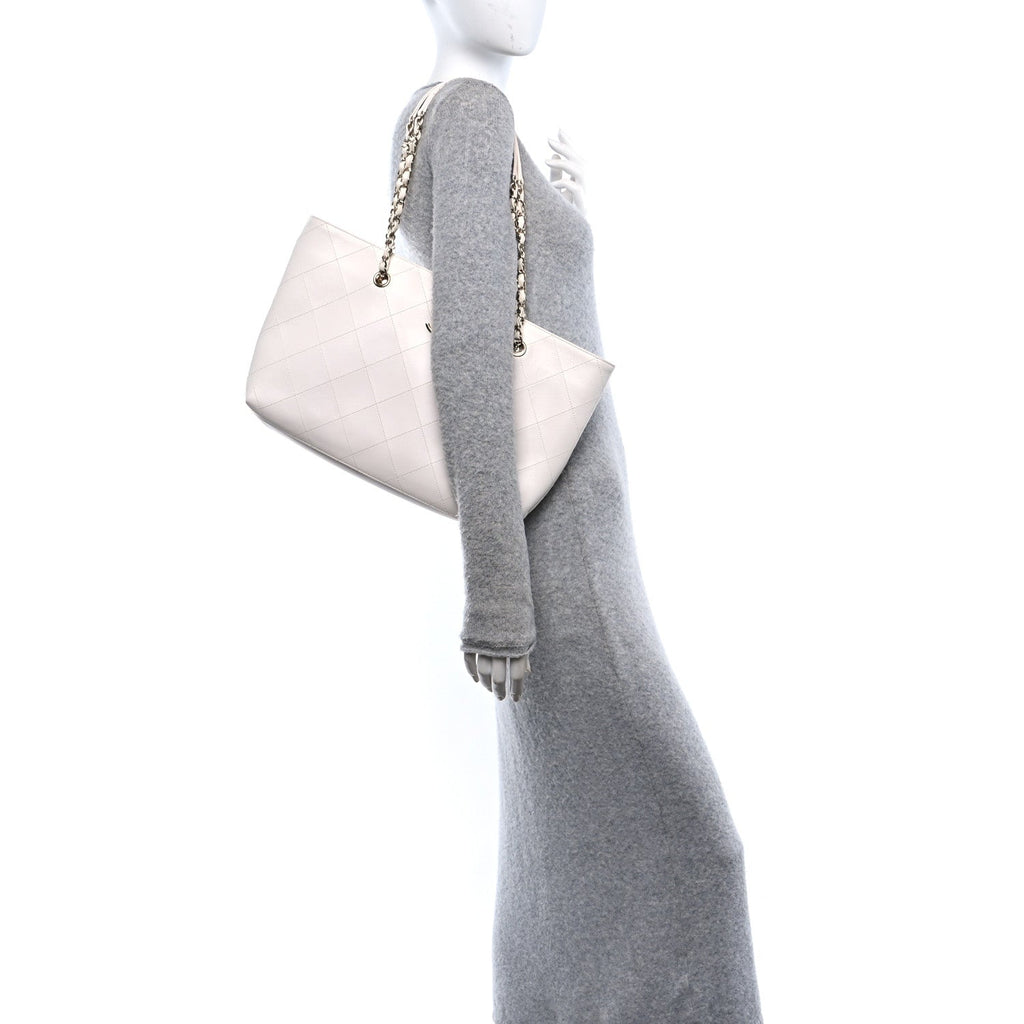Glazed Calfskin Stitched Shopping Tote White