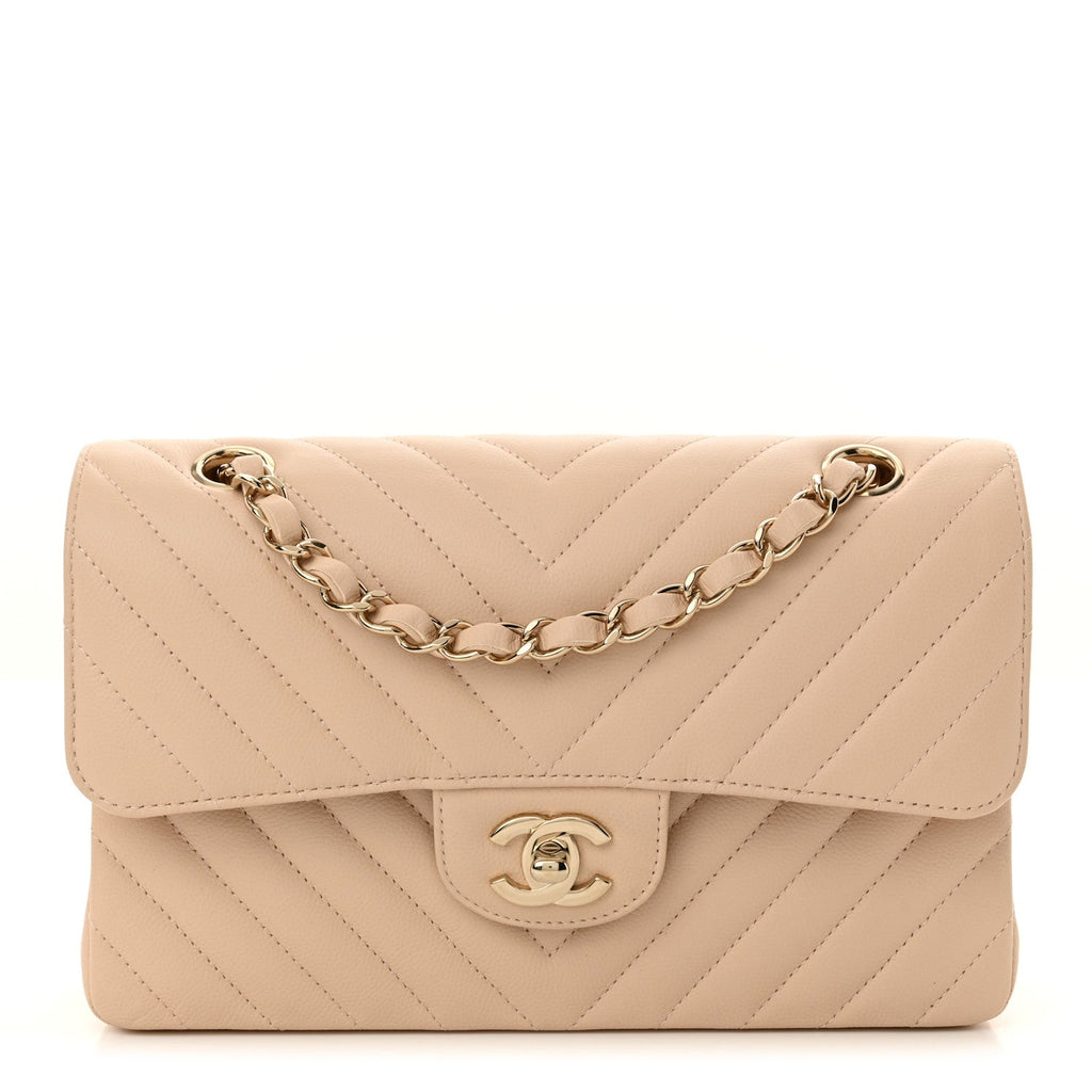 Caviar Chevron Quilted Small Double Flap Beige