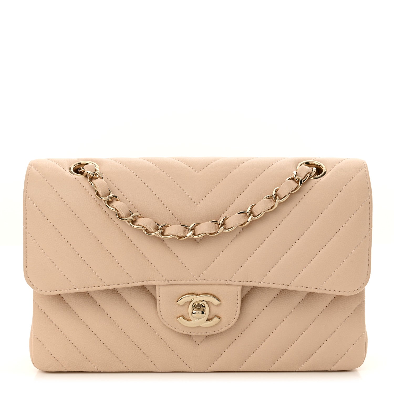 Caviar Chevron Quilted Small Double Flap Beige