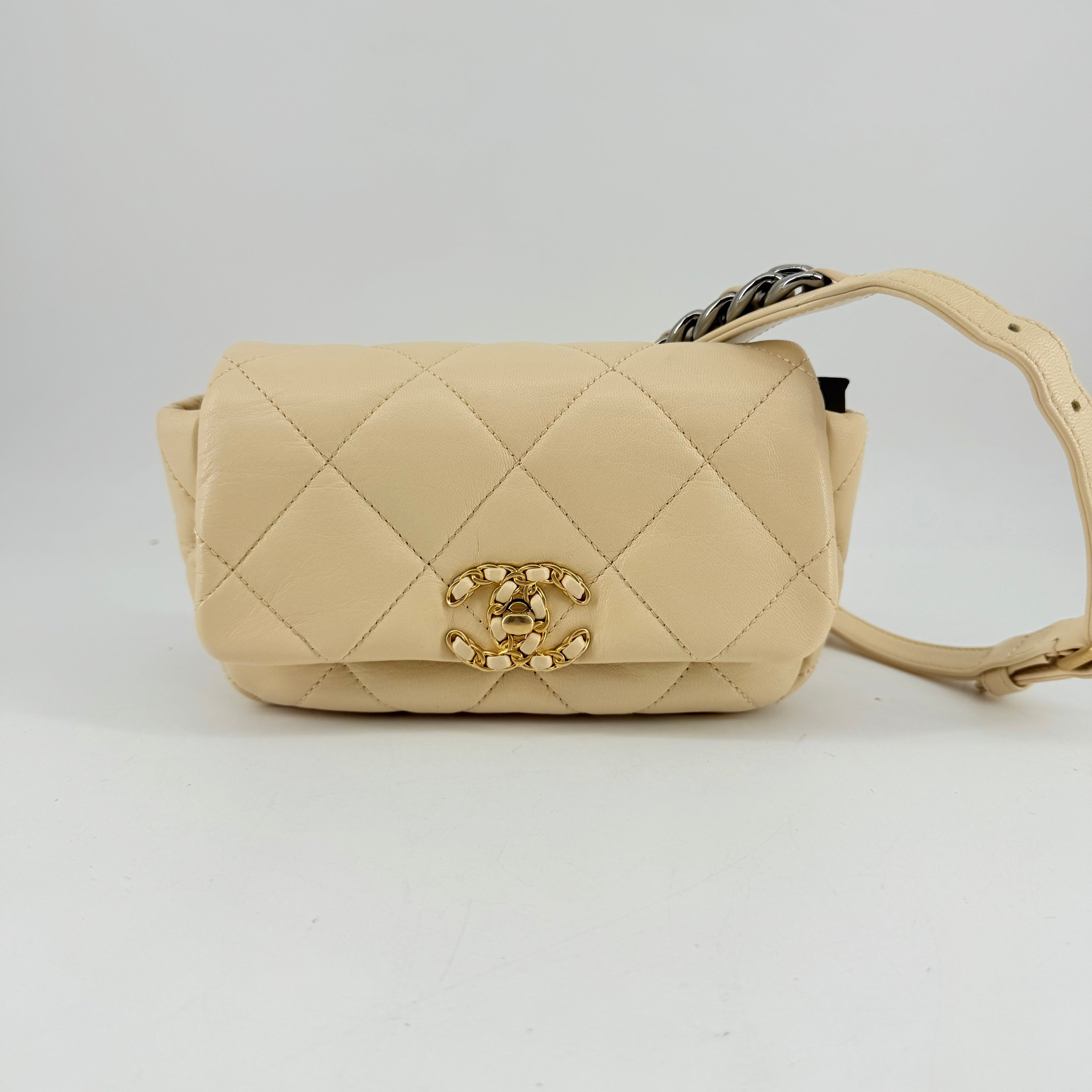 Chanel Light Beige Lambskin Quilted Waist 19 Bag