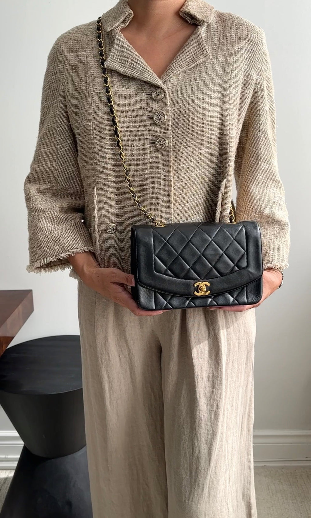 Chanel Vintage 1991 Small Black Leather Quilted Diana Flap Bag