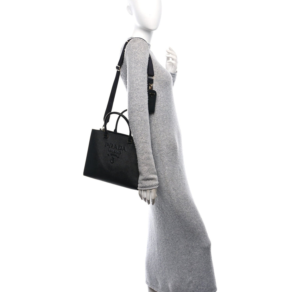 Saffiano Lux Logo Embossed Medium Shoulder Tote Handbag Black
